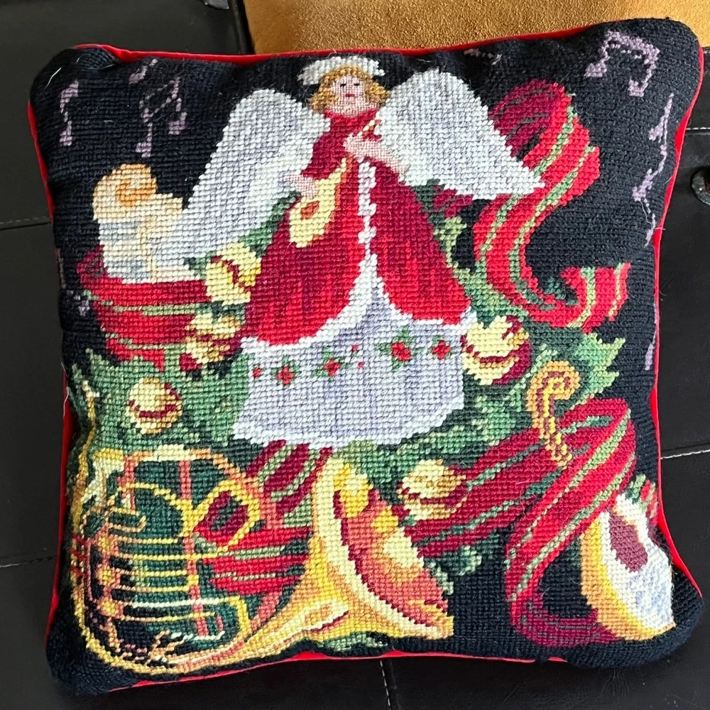 Christmas Angel Musical Instrument Pillow WOOL NEEDLEPOINT, RED velvet 14 x 14